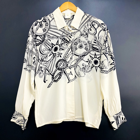 Escada By Margaretha Ley Blouse Women's Size 38 Beige Nautical Print Button Up - Picture 1 of 13